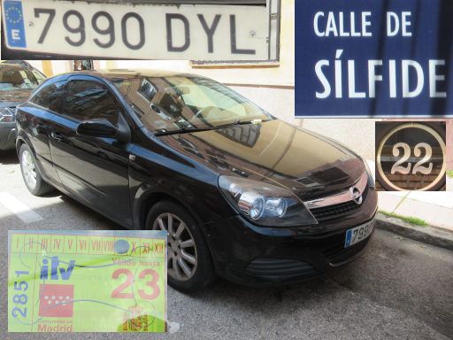 Vehículos abandonados, verlassene Fahrzeuge, Madrid, Spanien, Opel Astra Coupé, Kennzeichen 7990 DYL, Erstzulassung Januar 2005, Calle de Sílfide 22, 28022 Madrid im Mai 2025