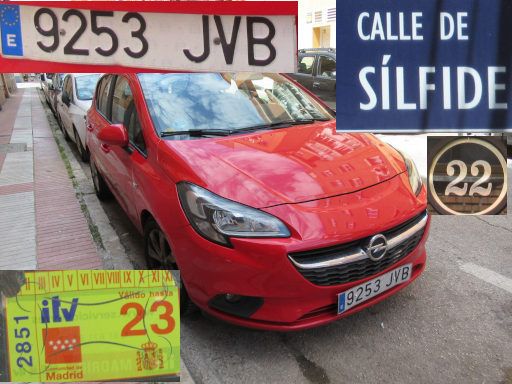 Vehículos abandonados, verlassene Fahrzeuge, Madrid, Spanien, Opel Corsa, Kennzeichen 9253 JVB, Erstzulassung November 2016, Calle de Sílfide 22, 28022 Madrid im Mai 2025