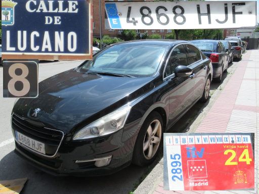 Vehículos abandonados, verlassene Fahrzeuge, Madrid, Spanien, Peugeot 508, Kennzeichen 4868 HJF, Erstzulassung März 2012, Calle de Lucano 8, 28022 Madrid im Mai 2025