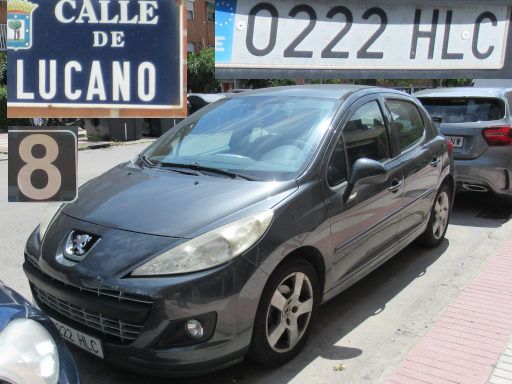 Vehículos abandonados, verlassene Fahrzeuge, Madrid, Spanien, Peugeot 207, Kennzeichen 0222 HLC, Erstzulassung Juli 2012, Calle de Lucano 8, 28022 Madrid im Mai 2025