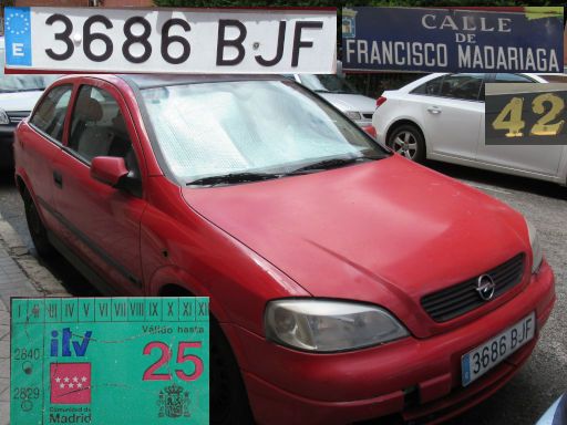 Vehículos abandonados, verlassene Fahrzeuge, Madrid, Spanien, Opel Astra 1.6 16V, Kennzeichen 3686 BJF, Erstzulassung Mai 2001, Calle de Francisco Madariaga 42, 28021 Madrid im Mai 2025