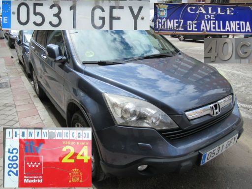 Vehículos abandonados, verlassene Fahrzeuge, Madrid, Spanien, Honda CR-V, Kennzeichen 0531 GFY, Erstzulassung Juni 2008, Calle de Gomez de Avellaneda 40 G, 28021 Madrid im Mai 2025