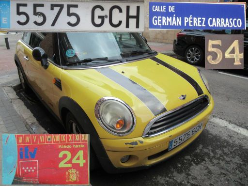 Vehículos abandonados, verlassene Fahrzeuge, Madrid, Spanien, Mini One, Kennzeichen 5575 GCH, Erstzulassung März 2008, Calle de Germán Pérez Carrasco 54, 28027 Madrid im Mai 2025