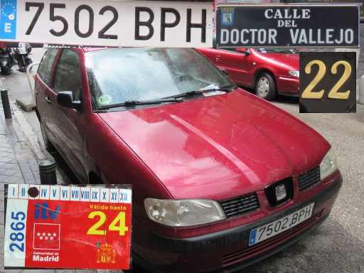 Vehículos abandonados, verlassene Fahrzeuge, Madrid, Spanien, Seat Ibiza, Kennzeichen 7502 BPH, Erstzulassung November 2001, Calle del Doctor Vallejo 22, 28027 Madrid im Mai 2025