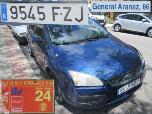 Vehículos abandonados, verlassene Fahrzeuge, Madrid, Spanien, Ford Focus TDCi, Kennzeichen 9545 FZJ, Erstzulassung Januar 2008, Calle Aranaz 66, 28027 Madrid im Mai 2025