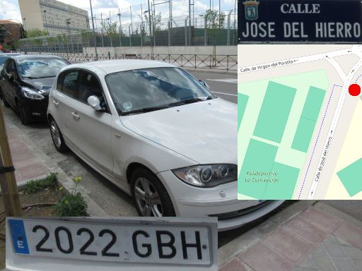 Vehículos abandonados, verlassene Fahrzeuge, Madrid, Spanien, BMW 1-Serie, Kennzeichen 2022 GBH, Erstzulassung Februar 2008, Calle Jose del Hierro 17, 28027 Madrid im Mai 2025