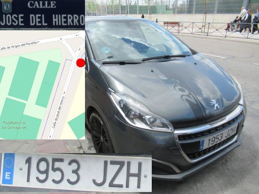 Vehículos abandonados, verlassene Fahrzeuge, Madrid, Spanien, Peugeot 208, Kennzeichen 1953 JZH, Erstzulassung Mai 2017, Calle Jose del Hierro 17, 28027 Madrid im Mai 2025