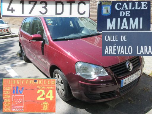 Vehículos abandonados, verlassene Fahrzeuge, Madrid, Spanien, Volkswagen Polo 1.4, Kennzeichen 4173 DTC, Erstzulassung Januar 2005, Calle de Miami 55 C, 28027 Madrid im Mai 2025