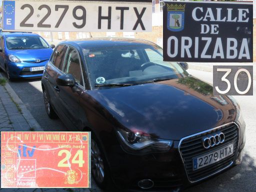 Vehículos abandonados, verlassene Fahrzeuge, Madrid, Spanien, Audi A1, Kennzeichen 2279 HTX, Erstzulassung Dezember 2013, Calle de Orizaba 30, 28027 Madrid im Mai 2025