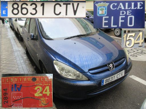 Vehículos abandonados, verlassene Fahrzeuge, Madrid, Spanien, Peugeot 307, Kennzeichen 8631 CTV, Erstzulassung April 2004, Calle de Elfo 154, 28027 Madrid im Mai 2025