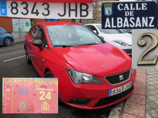 Vehículos abandonados, verlassene Fahrzeuge, Madrid, Spanien, Seat Ibiza, Kennzeichen 8343 JHB, Erstzulassung Juli 2015, Calle de Albasanz 2, 28037 Madrid im Mai 2025