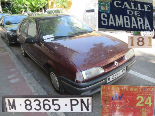 Vehículos abandonados, verlassene Fahrzeuge, Madrid, Spanien, Renault 19, Kennzeichen M 8365 PN, Erstzulassung März 1994, Calle de Sambara 181, 28027 Madrid im Mai 2025