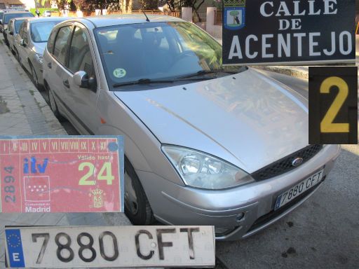 Vehículos abandonados, verlassene Fahrzeuge, Madrid, Spanien, Ford Focus, Kennzeichen 7880 CFT, Erstzulassung März 2003, Calle de Acentejo 2, 28021 Madrid im Mai 2025