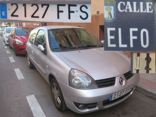 Vehículos abandonados, verlassene Fahrzeuge, Madrid, Spanien, Renault Clio Campus, Kennzeichen 2127 FFS, Erstzulassung September 2006, Calle Elfo 162, 28027 Madrid im Mai 2025