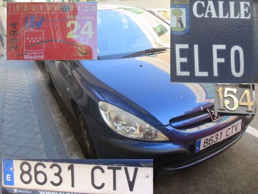 Vehículos abandonados, verlassene Fahrzeuge, Madrid, Spanien, Peugeot 307, Kennzeichen 8631 CTV, Erstzulassung April 2004 Calle de Elfo 154, 28027 Madrid im Mai 2025