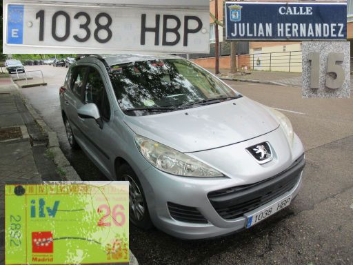 Vehículos abandonados, verlassene Fahrzeuge, Madrid, Spanien, Peugeot 207 SW, Kennzeichen 1038 HBP, Erstzulassung Januar 2011, Calle Julian Hernandez 15, 28043 Madrid im Mai 2026