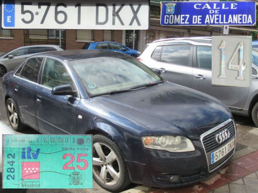 Vehículos abandonados, verlassene Fahrzeuge, Madrid, Spanien, Audi A4 2.0 TDI, Kennzeichen 5761 DKX, Erstzulassung Januar 2005, Calle Gomez de Avellaneda 14, 28017 Madrid im Mai 2026