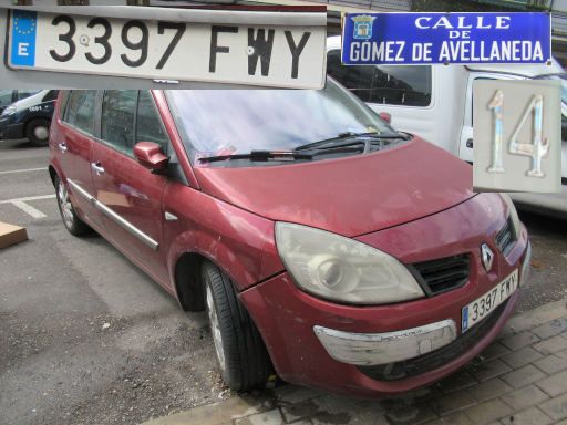 Vehículos abandonados, verlassene Fahrzeuge, Madrid, Spanien, Renault Scenic, Kennzeichen 3397 FWY, Erstzulassung Oktober 2007, Calle Gomez de Avellaneda 14, 28017 Madrid im Mai 2026