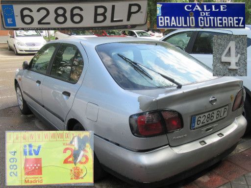 Vehículos abandonados, verlassene Fahrzeuge, Madrid, Spanien, Nissan Primera, Kennzeichen 6286 BLP, Erstzulassung Juli 2001, Calle Braulio Gutierrez 4, 28017 Madrid im Mai 2026
