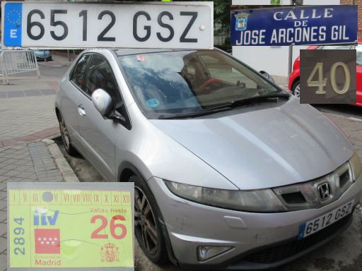 Vehículos abandonados, verlassene Fahrzeuge, Madrid, Spanien, Honda Civic, Kennzeichen 6512 GSZ, Erstzulassung Januar 2010, Calle Jose Arcones Gil 40, 28017 Madrid im Mai 2026