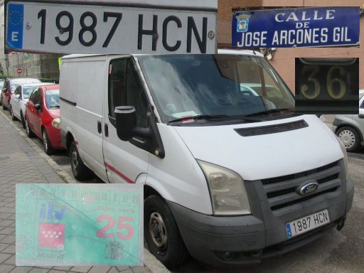 Vehículos abandonados, verlassene Fahrzeuge, Madrid, Spanien, Ford Transit, Kennzeichen 1987 HCN, Erstzulassung März 2011, Calle Jose Arcones Gil 36, 28017 Madrid im Mai 2026