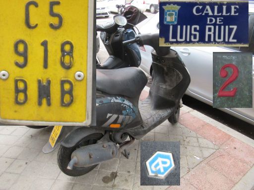 Vehículos abandonados, verlassene Fahrzeuge, Madrid, Spanien, Mofa Piagio, Kennzeichen C 5918 BWB, Erstzulassung Mai 2002, Calle Luis Ruiz 2, 28017 Madrid im Mai 2026