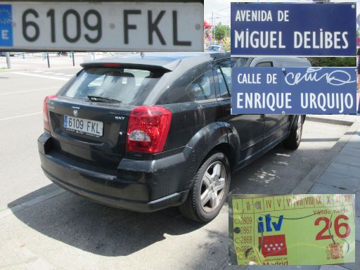 Vehículos abandonados, verlassene Fahrzeuge, Madrid, Spanien, Dodge Caliber SXT, Kennzeichen 6109 FKL, Erstzulassung Januar 2007, Avenida de Miguel Delibes / Calle Enrique Urquijo, 28052 Madrid im Mai 2026