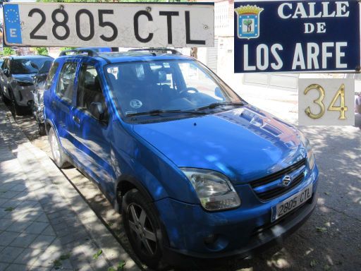 Vehículos abandonados, verlassene Fahrzeuge, Madrid, Spanien, Suzuki Ignis 4x4, Kennzeichen 2805 CTL, Erstzulassung März 2004, Calle Los Arfe 34, 28027 Madrid im Mai 2026