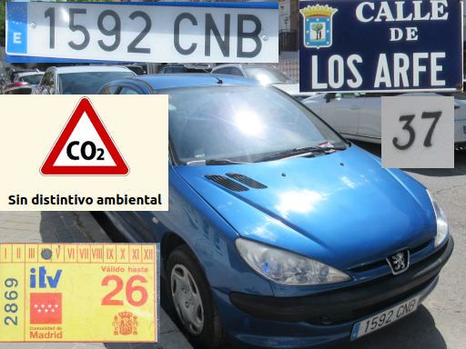 Vehículos abandonados, verlassene Fahrzeuge, Madrid, Spanien, Peugeot 206 HDI, Kennzeichen 1592 CNB, Erstzulassung Oktober 2003, Calle Los Arfe 37, 28027 Madrid im Mai 2026