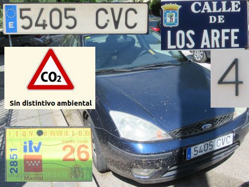 Vehículos abandonados, verlassene Fahrzeuge, Madrid, Spanien, Ford Focus, Kennzeichen 5405 CVC, Erstzulassung April 2004, Calle Los Arfe 4, 28027 Madrid im Mai 2026