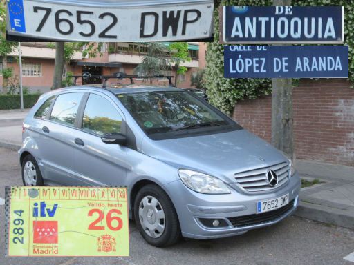 Vehículos abandonados, verlassene Fahrzeuge, Madrid, Spanien, Mercedes-Benz B-Klasse, Kennzeichen 7652 DWP, Erstzulassung Januar 2005, Calle Antioquia / Lopez de Aranda, 28027 Madrid im Mai 2026