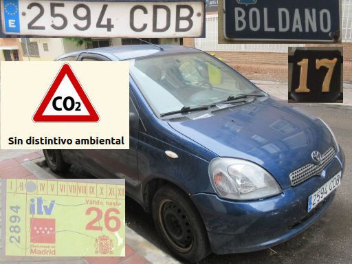 Vehículos abandonados, verlassene Fahrzeuge, Madrid, Spanien, Toyota Yaris D4D, Kennzeichen 2594 CDB, Erstzulassung Dezember 2002, Calle Boldano 17, 28027 Madrid im Mai 2026