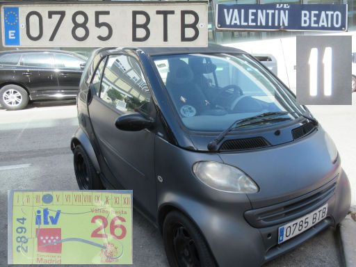 Vehículos abandonados, verlassene Fahrzeuge, Madrid, Spanien, Smart fortwo, Kennzeichen 0785 BTB, Erstzulassung Februar 2002, Calle Valentin Beato 11, 28037 Madrid im Mai 2026