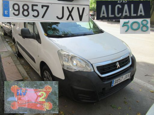 Vehículos abandonados, verlassene Fahrzeuge, Madrid, Spanien, Peugeot Partner, Kennzeichen 9857 JXV, Erstzulassung März 2017, Calle Alcala 508, 28027 Madrid im Mai 2026