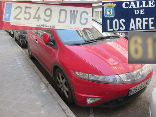 Vehículos abandonados, verlassene Fahrzeuge, Madrid, Spanien, Honda Civic, Kennzeichen 2549 DWG, Erstzulassung Januar 2005, Calle Los Arfe 61, 28027 Madrid im Mai 2026