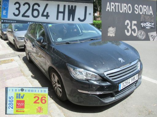Vehículos abandonados, verlassene Fahrzeuge, Madrid, Spanien, Peugeot 308, Kennzeichen 3264 HWJ, Erstzulassung Mai 2014, Arturio Soria 35, 28027 Madrid im Mai 2026