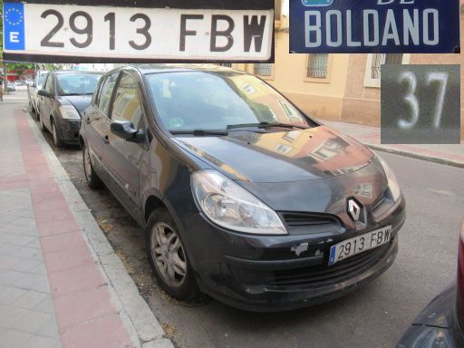 Vehículos abandonados, verlassene Fahrzeuge, Madrid, Spanien, Renault Clio, Kennzeichen 2913 FBW, Erstzulassung Juni 2006, Calle Boldano 37, 28027 Madrid im Mai 2026