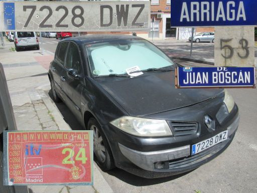 Vehículos abandonados, verlassene Fahrzeuge, Madrid, Spanien, Renault Megane, Kennzeichen 7228 DWZ, Erstzulassung Januar 2005, Calle Arriaga 53, 28017 Madrid im Mai 2026