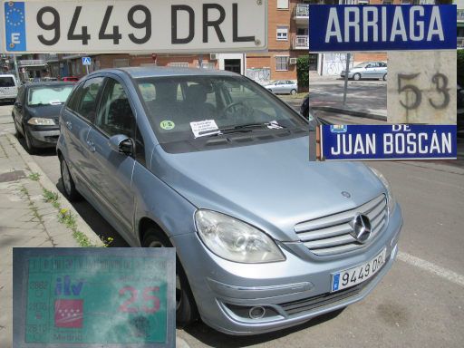 Vehículos abandonados, verlassene Fahrzeuge, Madrid, Spanien, Mercedes B 200, Kennzeichen 9449 DRL, Erstzulassung Januar 2005, Calle Arriaga 53, 28017 Madrid im Mai 2026