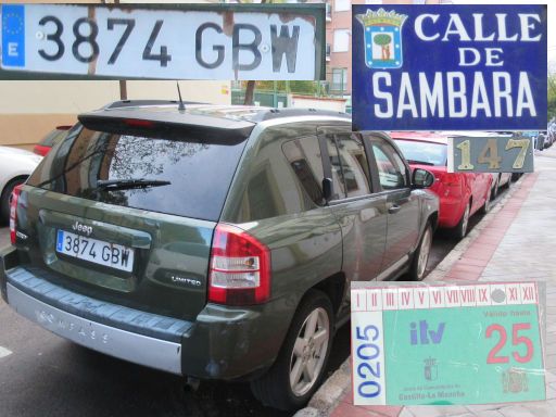 Veh&iacute;culos abandonados, verlassene Fahrzeuge, Madrid, Spanien, Jeep Compass CRD, Kennzeichen 3874 GBW, Erstzulassung M&auml;rz 2008, Calle Sambara 147, 28027 Madrid im November 2025