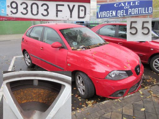 Veh&iacute;culos abandonados, verlassene Fahrzeuge, Madrid, Spanien, Seat ibiza, Kennzeichen 9303 FYD, Erstzulassung Dezember 2007, Calle Virgen del Portillo 55, 28027 Madrid im November 2025