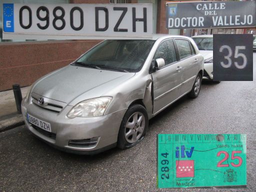 Veh&iacute;culos abandonados, verlassene Fahrzeuge, Madrid, Spanien, Toyota Corolla D4D, Kennzeichen 0980 DZH, Erstzulassung Mai 2006, Calle Doctor Vallejo 35, 28027 Madrid im November 2025