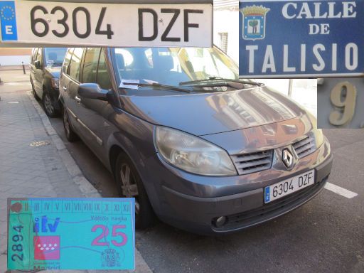 Veh&iacute;culos abandonados, verlassene Fahrzeuge, Madrid, Spanien, Renault Scenic, Kennzeichen 6304 DZF, Erstzulassung Januar 2005, Calle Talisio 9, 28027 Madrid im November 2025