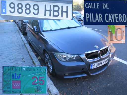 Veh&iacute;culos abandonados, verlassene Fahrzeuge, Madrid, Spanien, BMW 3er Serie, Kennzeichen 9889 HBH, Erstzulassung Januar 2011, Calle Pilar Cavero 10, 28027 Madrid im November 2025