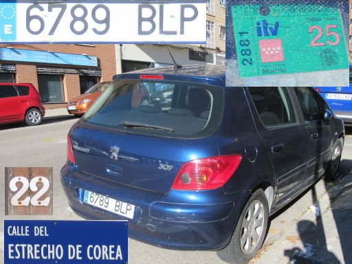 Veh&iacute;culos abandonados, verlassene Fahrzeuge, Madrid, Spanien, Peugeot 307, Kennzeichen 6789 BLP, Erstzulassung Juli 2001, Calle Estrecho de Corea 22, 28027 Madrid im November 2025