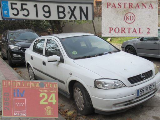 Veh&iacute;culos abandonados, verlassene Fahrzeuge, Madrid, Spanien, Opel Astra, Kennzeichen 5519 BXN, Erstzulassung Juli 2002, Calle Pastrana 8D, 28027 Madrid im November 2025