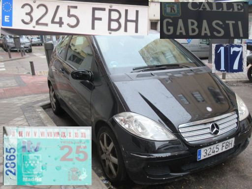 Veh&iacute;culos abandonados, verlassene Fahrzeuge, Madrid, Spanien, Mercedes-Benz A150, Kennzeichen 3245 FBH, Erstzulassung Juni 2006, Calle Gabasti 17, 28027 Madrid im November 2025