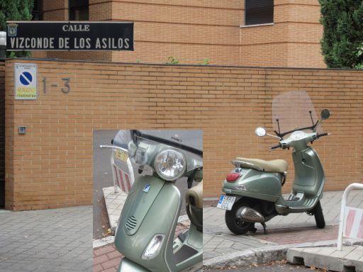 Veh&iacute;culos abandonados, verlassene Fahrzeuge, Madrid, Spanien, Piaggio Vespa, Kennzeichen 5668 GCL, Erstzulassung April 2008, Calle Vizconde de los Asilos 1 - 3, 28027 Madrid im Oktober 2026