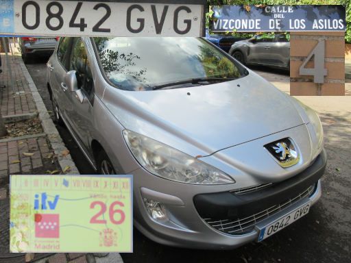 Veh&iacute;culos abandonados, verlassene Fahrzeuge, Madrid, Spanien, Peugeot 308, Kennzeichen 0842 GVG, Erstzulassung M&auml;rz 2010, Calle Vizconde de los Asilos 4, 28027 Madrid im Oktober 2026