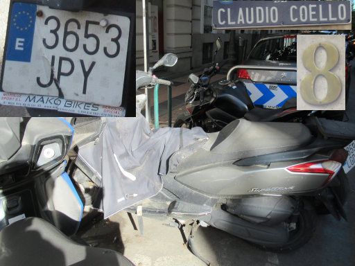 Veh&iacute;culos abandonados, verlassene Fahrzeuge, Madrid, Spanien, Motorroller Kymco SuperDink, Kennzeichen 3653 JPY, Erstzulassung Juni 2016, Calle Claudio Coello 8, Madrid im Oktober 2026